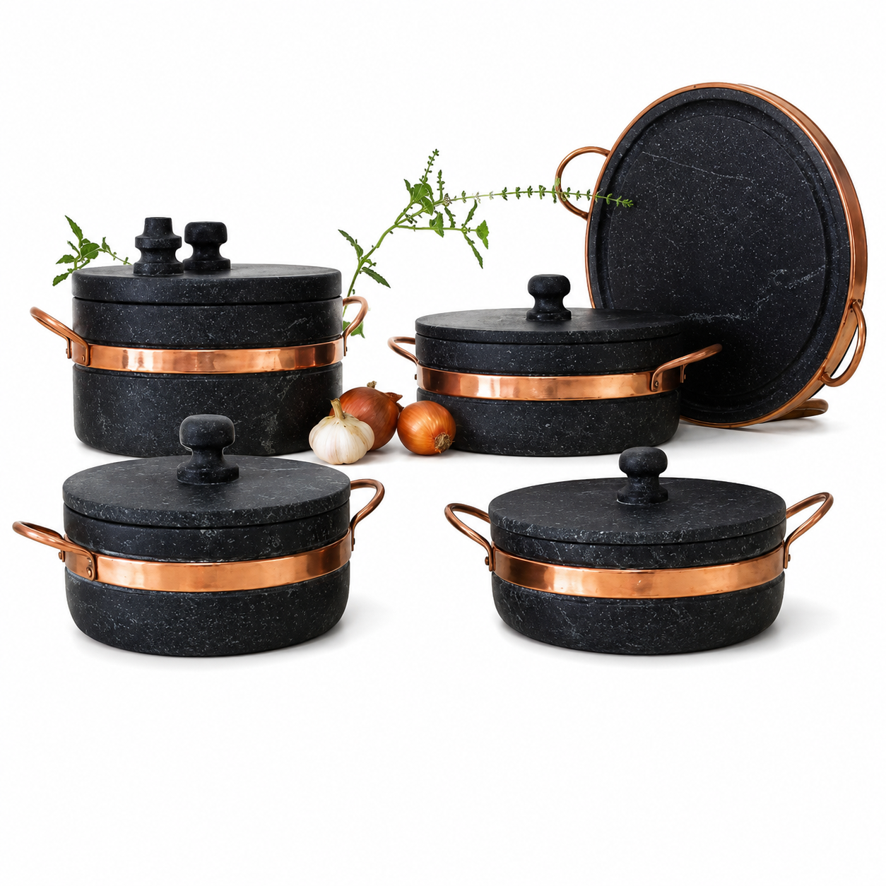 Conjunto Completo de Panelas de Pedra – 5 Peças + Pilão