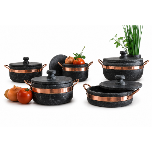 Conjunto de 5 Panelas de Pedra-Sabão 0,8L | 1L | 1,5L | 2L + Brinde